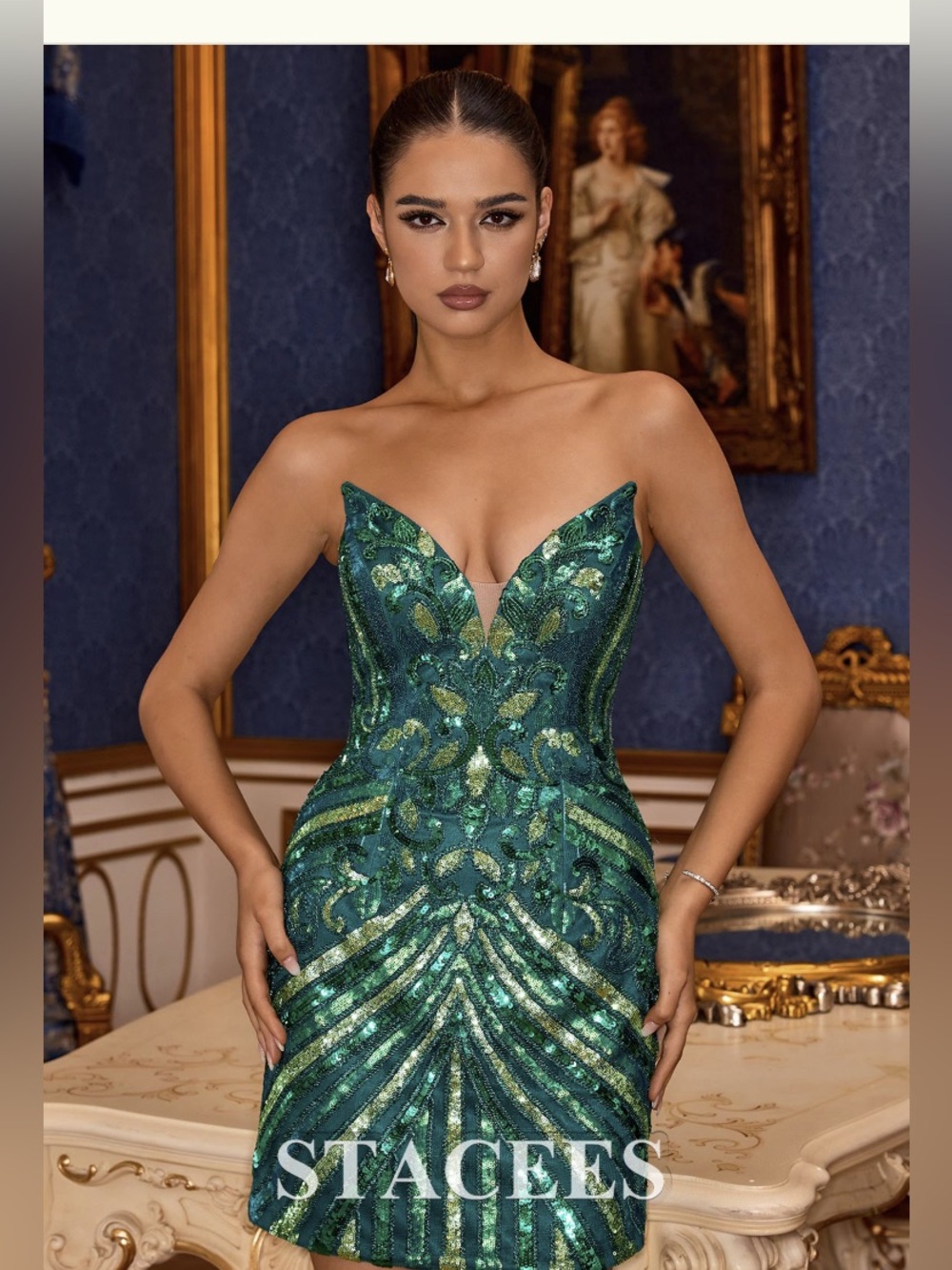 Stacees Green Sequin Strapless Sweetheart Mini Dress